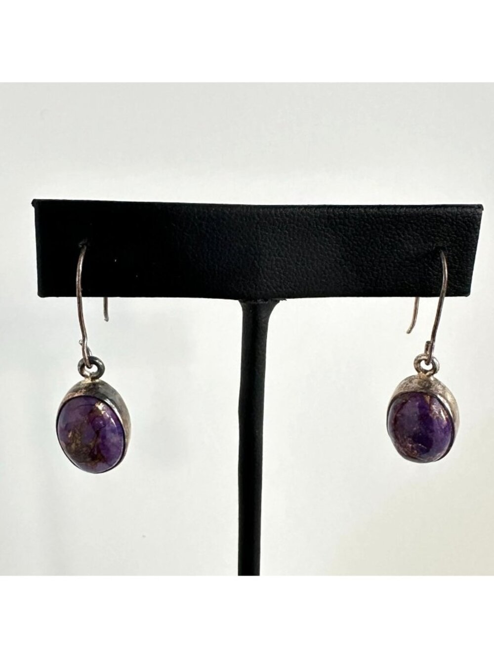 Sterling Silver 925 Purple Copper Turquoise Cabochon Drop Earrings Bohemian - Picture 2 of 7